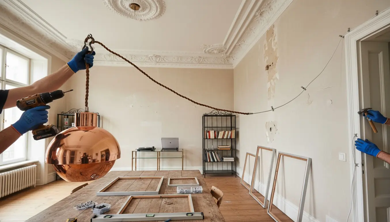 Hænder monterer en tung pendellampe i et gammelt herskabsloft med billedrammer og værktøj klar på bordet.