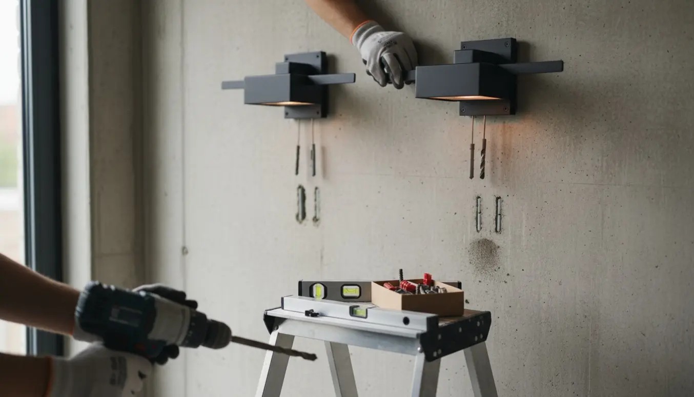 Hænder monterer to væglamper på en betonvæg med en boremaskine og borestøv.