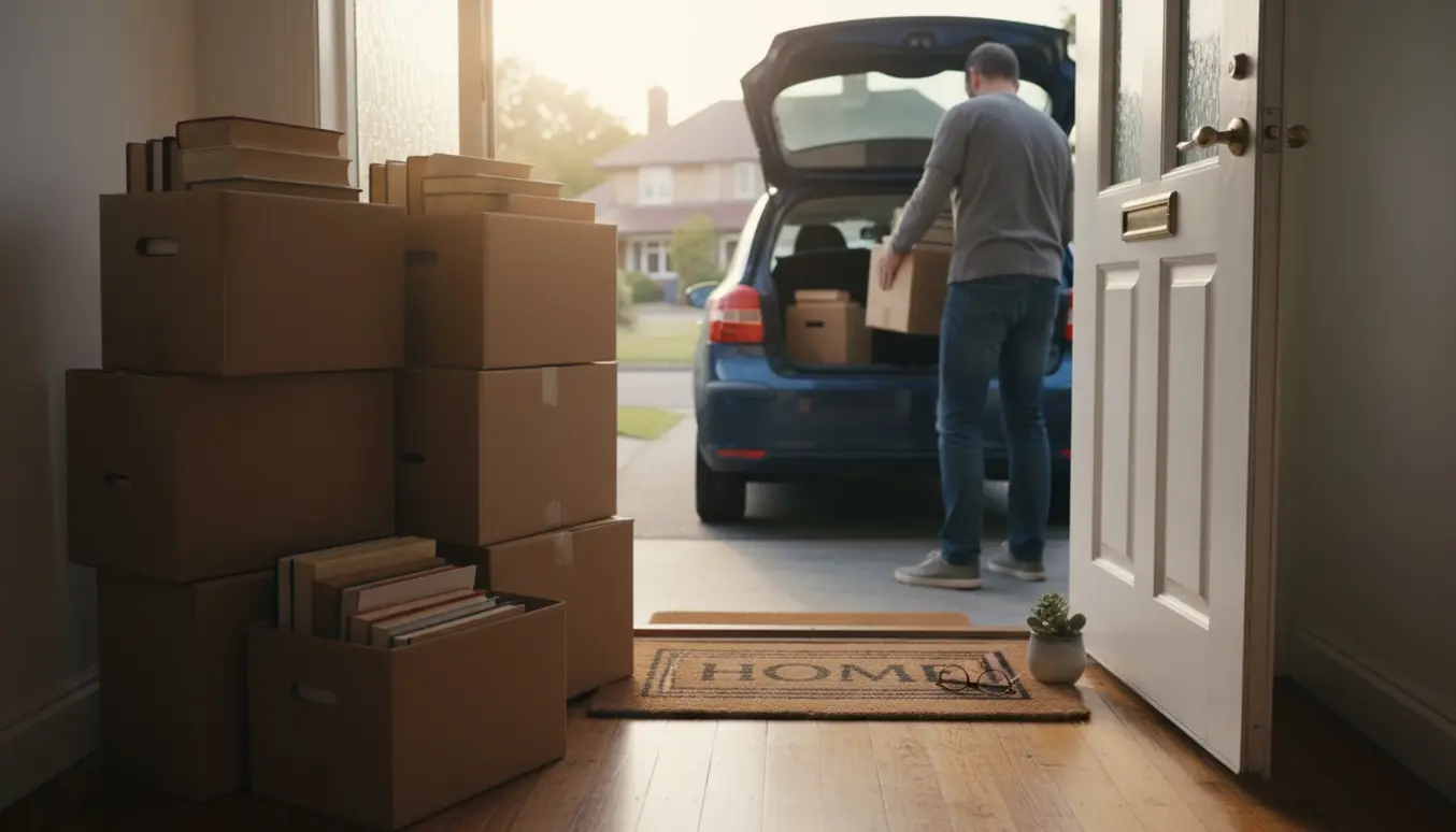 Stakke af papkasser fyldt med bøger ved hoveddøren, klar til at blive båret ud og læsset i en bil.