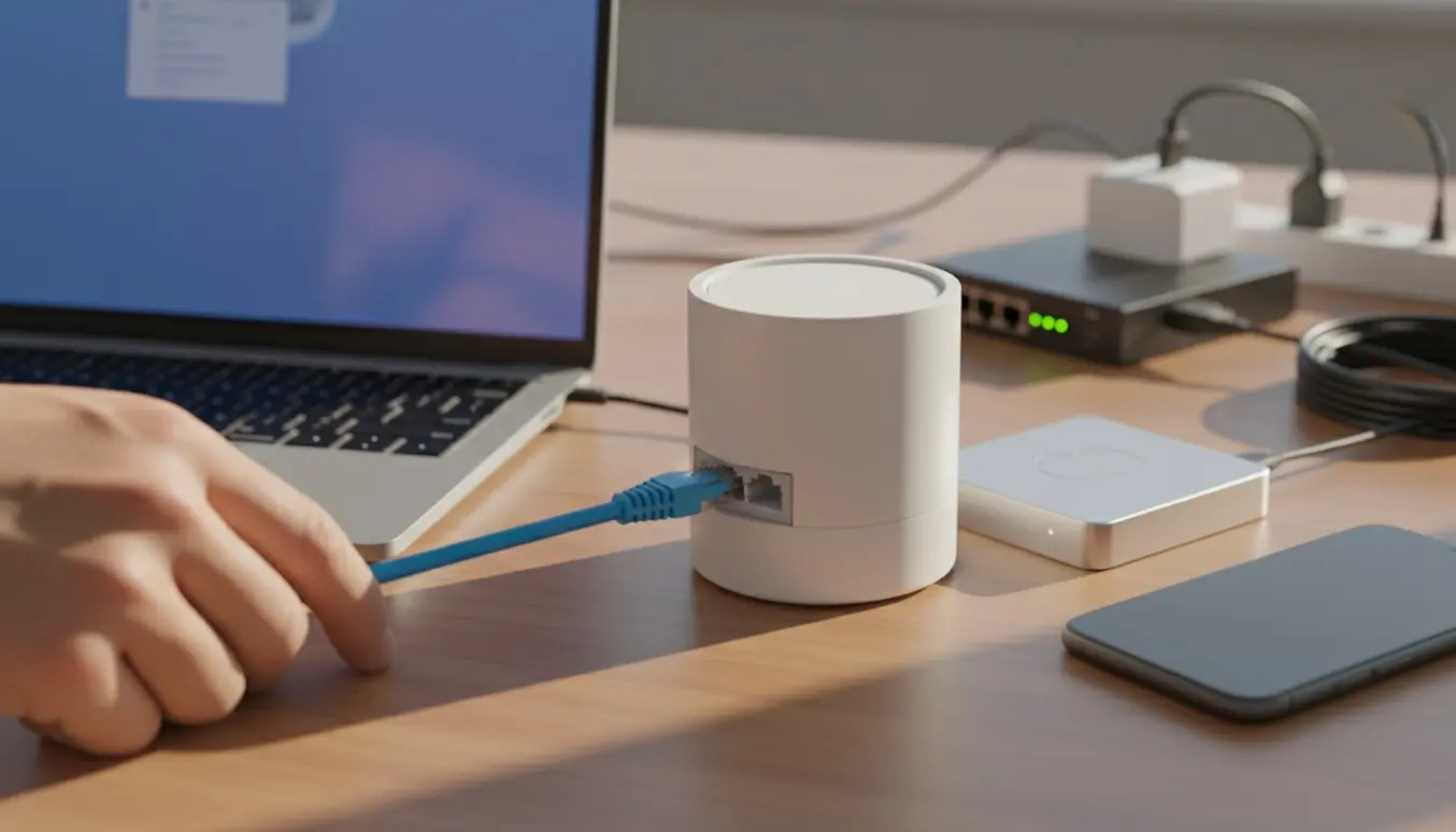 Hænder tilslutter en Ubiquiti-router og Cloud Key med Ethernet-kabler på et ryddeligt skrivebord.