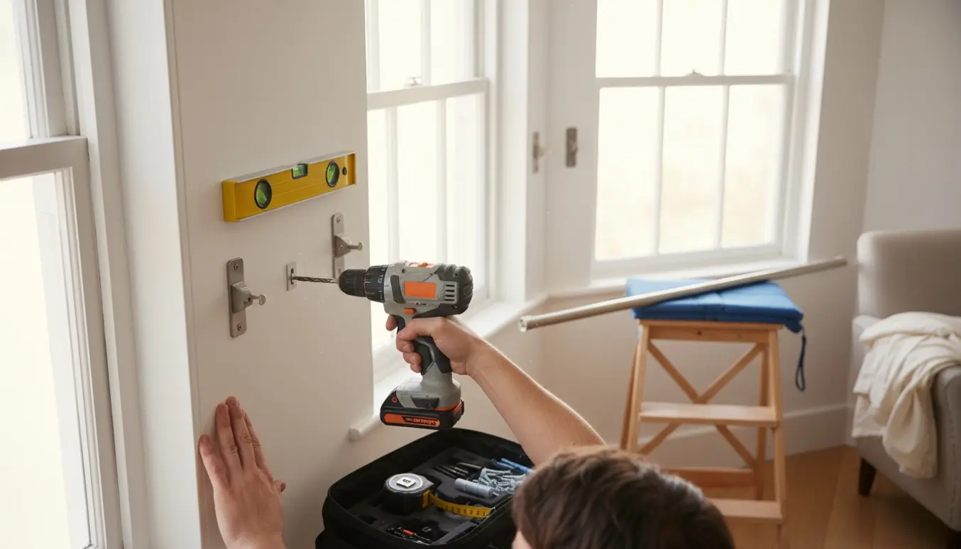 Person monterer gardinstang over to store vinduespartier med værktøj og hænder i fokus.