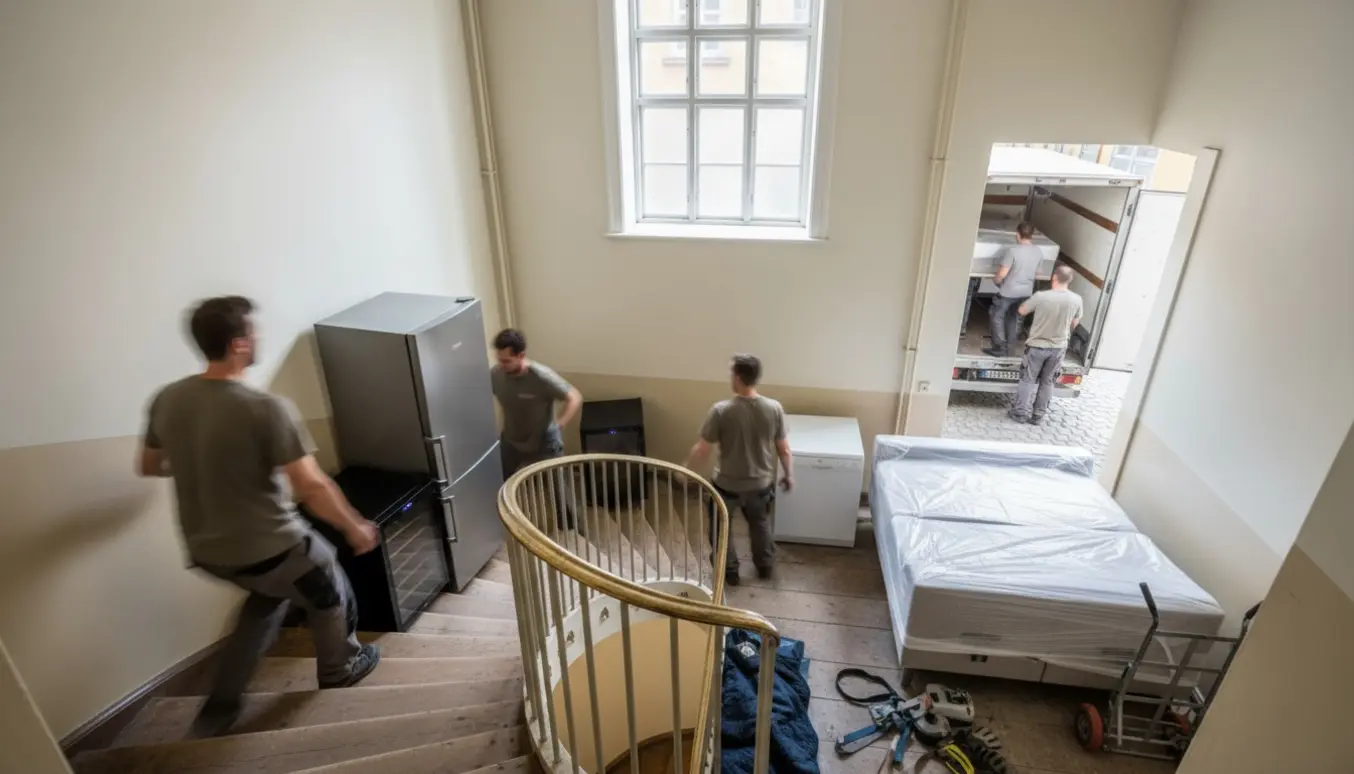 Flyttefolk bærer køleskab, opvaskemaskine, vinskab, sofa og elevationssenge ned ad en smal københavneropgang mod en lastbil.