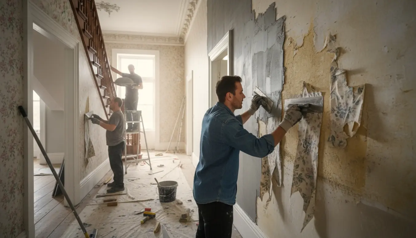 Renoveringsscene i en høj gang med hands-on fjernelse af tapet og spartling ved en bred trappe.