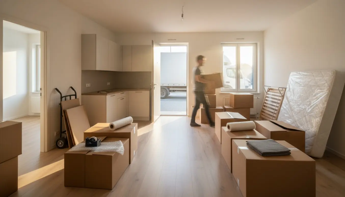 Halvtom lejlighed med stablede flyttekasser, afmonterede møbler og sollys gennem åben hoveddør.