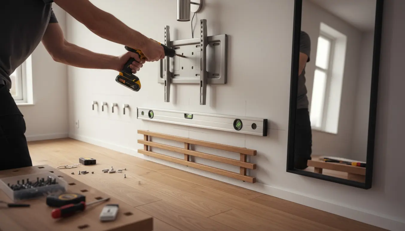 Hænder monterer knager, knagerækker, et stort TV-beslag, spejl og lampe på en væg.