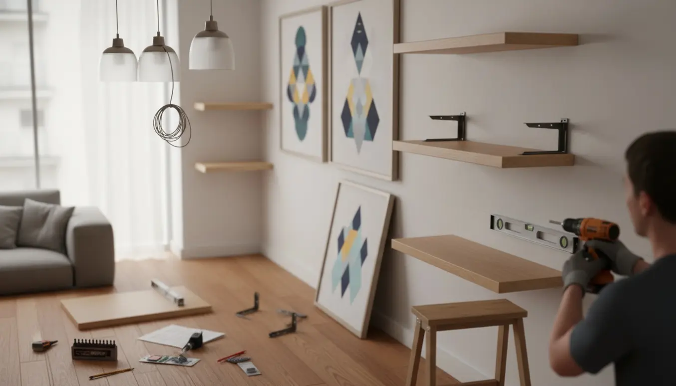 En person på en stige hænger lamper, malerier og egetræs hylder i et lyst, moderne rum.