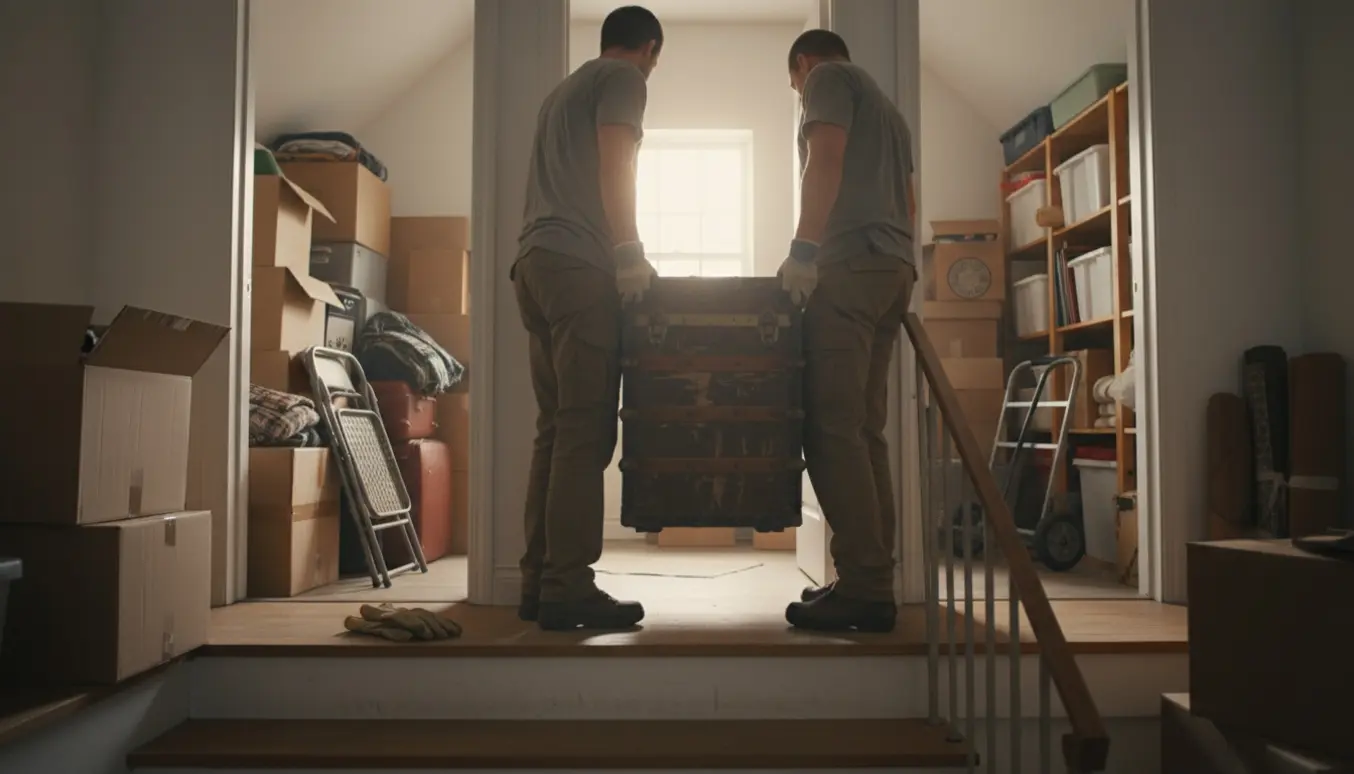 To flyttefolk bærer en tung kasse ud af åbne loftrum i en opgang, med flyttevogn og handsker klar.