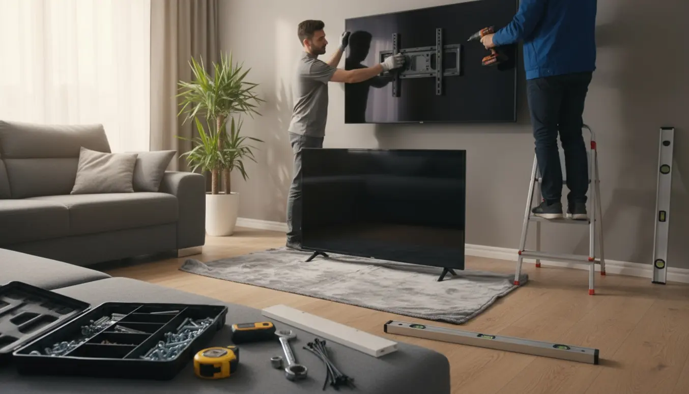 En tekniker monterer et 55 tommer tv på en stuevæg, mens et 50 tommer tv og monteringsværktøj ligger klar.