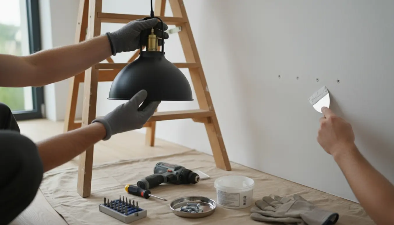 Hænder monterer en lampe og spartler tre små huller i en hvid væg.