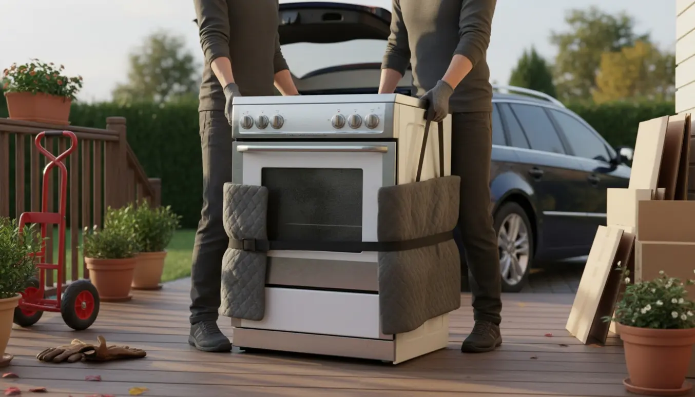 To personer bærer et standardkomfur fra en terrasse og ind i en åben bilbagage i blødt eftermiddagslys.