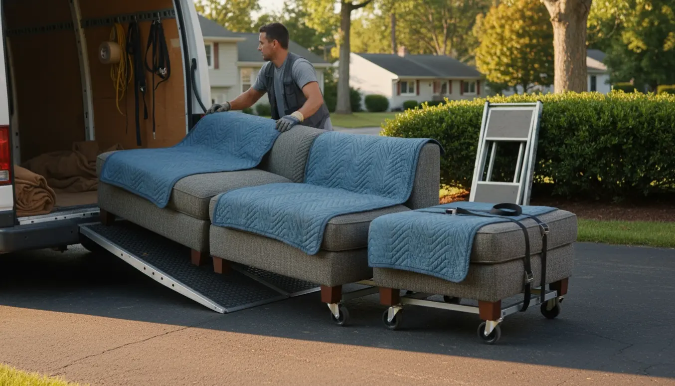 Modulsofa i fire dele og en skammel læsses ind i en flyttevogn på en solrig indkørsel.