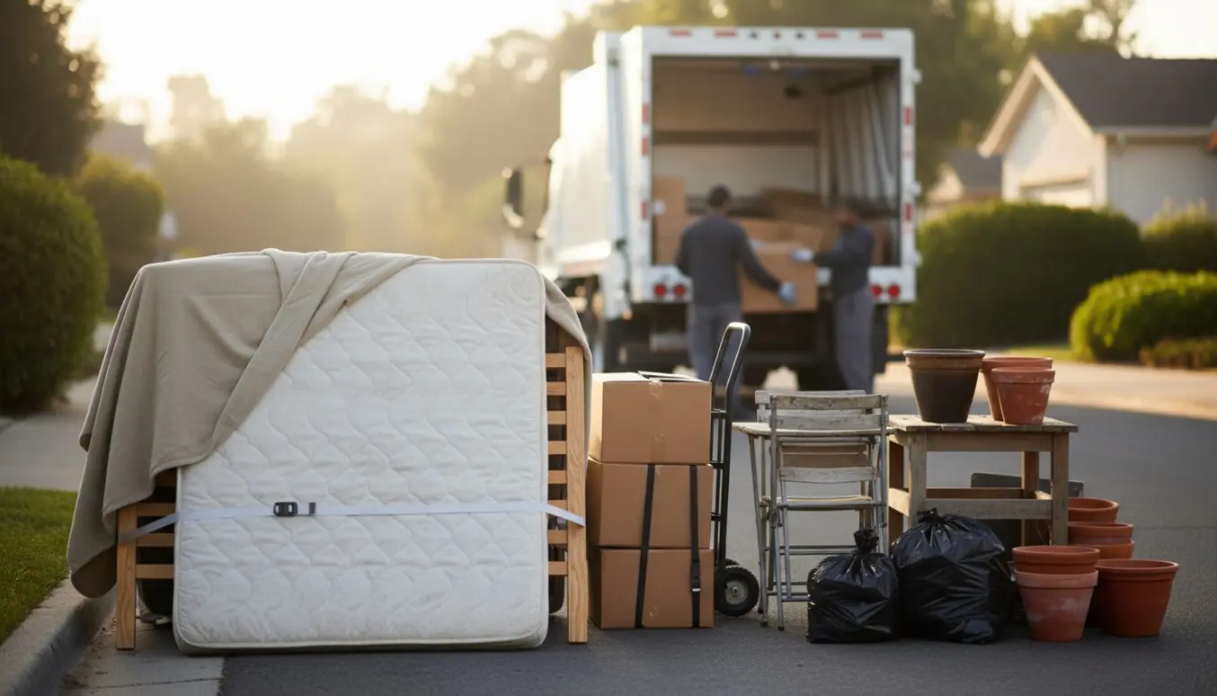 Bunke af stort skrald ved fortovet klar til afhentning med dobbeltseng, flyttekasser, havemøbler, krukker og sorte sække.