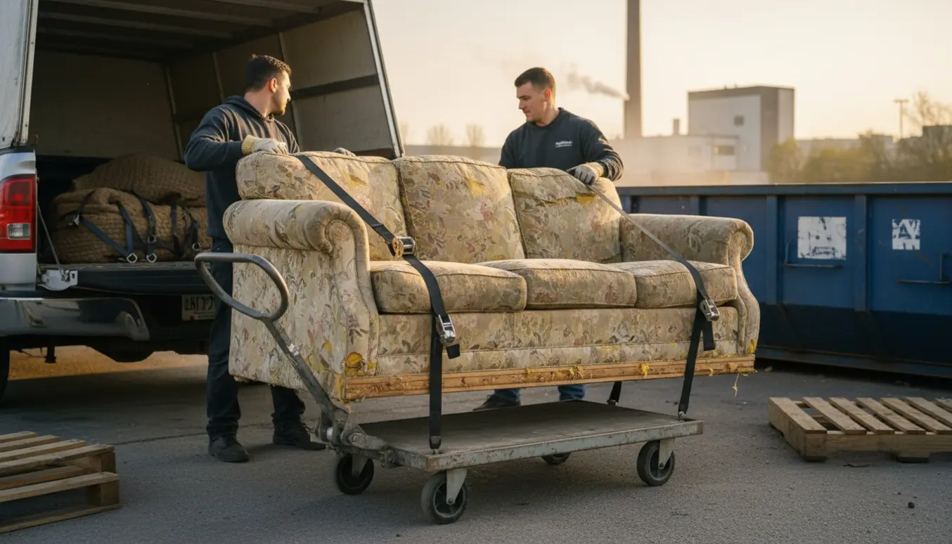 To personer laster en tung, slidt sofa på en lastbil ved et affaldsanlæg.