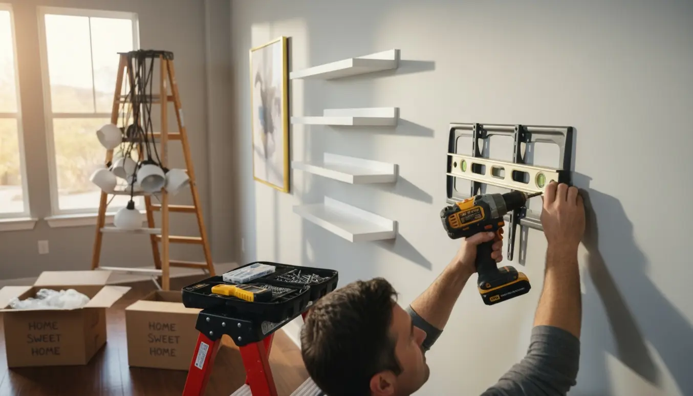 Hænder monterer et tv-beslag på en væg i en nyindflyttet lejlighed med lamper, billede og små boghylder i baggrunden.