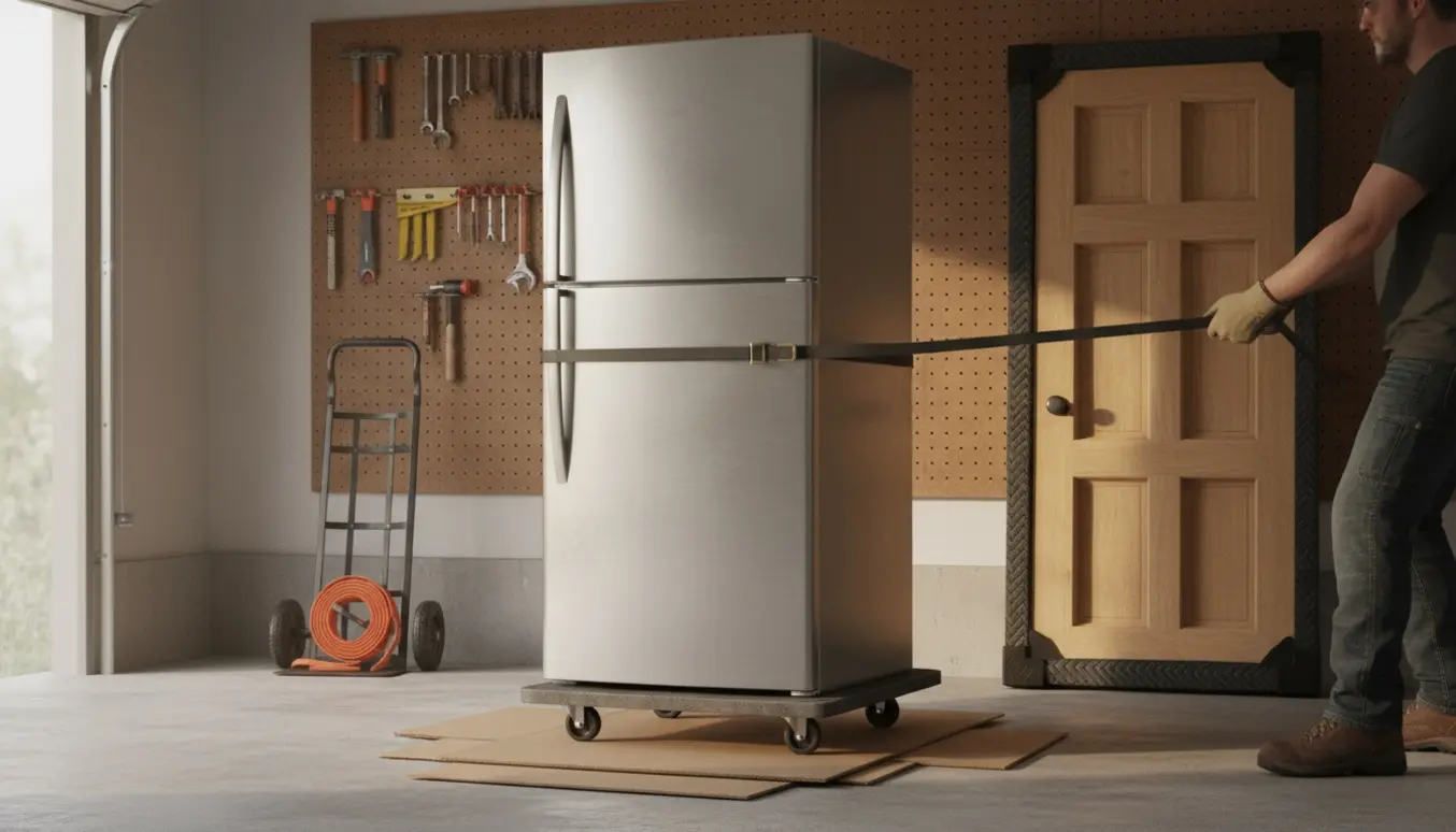 Køleskab og tre døre klar til bortskaffelse i en garage med flytteudstyr og arbejdshandsker.