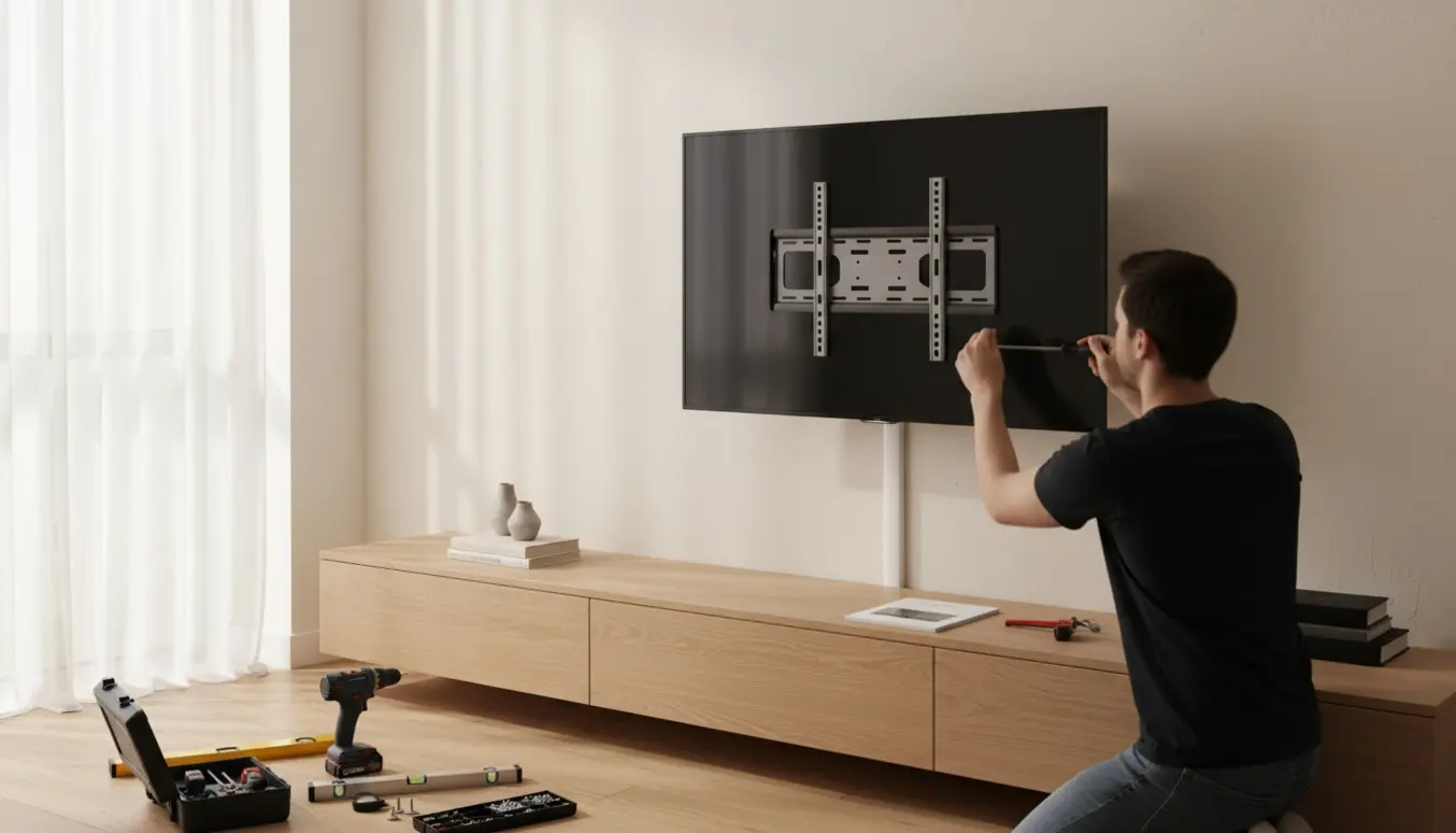 En tekniker hænger en 50 tommer fladskærm op i øjenhøjde over et tv-bord i en lys stue.