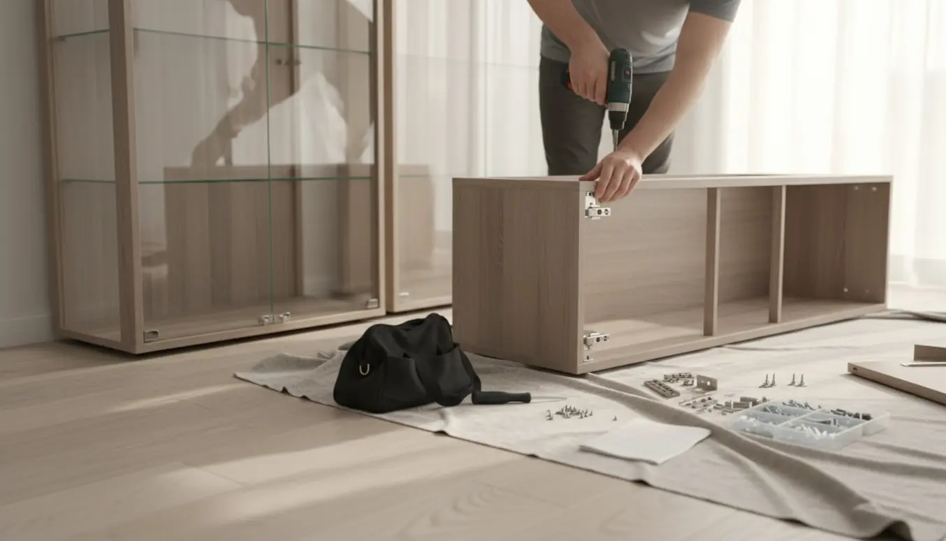 Hænder samler to vitrineskabe med skruetrækker og værktøj på lyst trægulv.