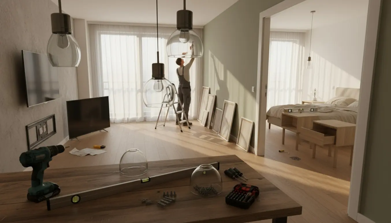 Lyst lejlighedsinteriør med værktøj, monterede tv, samlede natborde, ophængte billedrammer og to pendellamper over spisebordet.