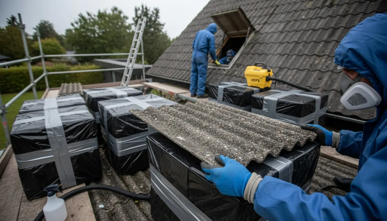 En arbejder i beskyttelsesdragt fjerner bølgeeternit fra et tag og pakker pladerne ind i tætte plastposer.