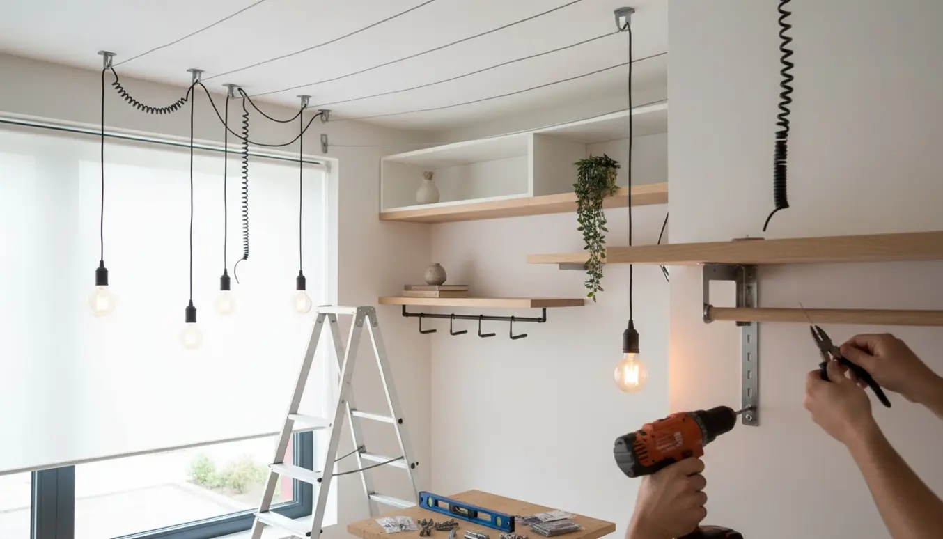 Hænder monterer rullegardin, gardinswirer, garderobestænger, hattehylde, væghylder og hængende lamper i et lyst rum.