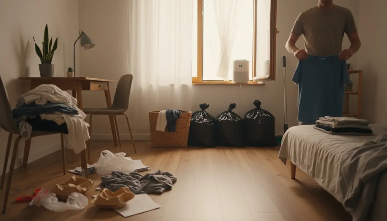 Et kompakt værelse halvvejs ryddet med tøjbunker, fyldte affaldssække, vasketøjskurv og sollys fra et åbent vindue.