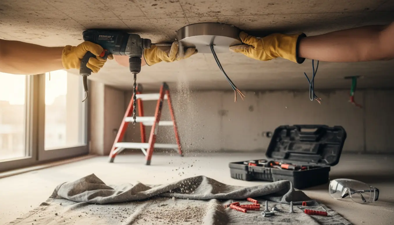 Hænder borer et nyt hul i et betontag for at montere en loftlampe med værktøj og afdækning synligt.