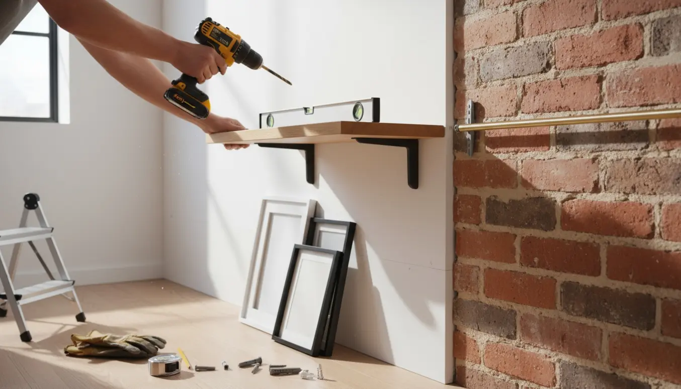 Hænder monterer hylder, billeder og en gardinstang på en gips- og rødstensvæg med værktøj ved siden af.