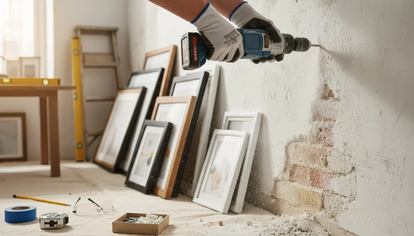 Nærbillede af boring i en murvæg for ophængning af cirka 20 billedrammer, med borehammer, rawlplugs og værktøj.