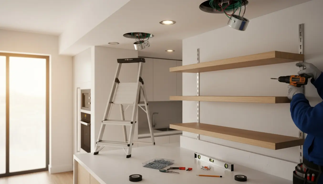 Montering af tre spotlamper i køkkeloftet og opsætning af hylder med boremaskine og værktøj.