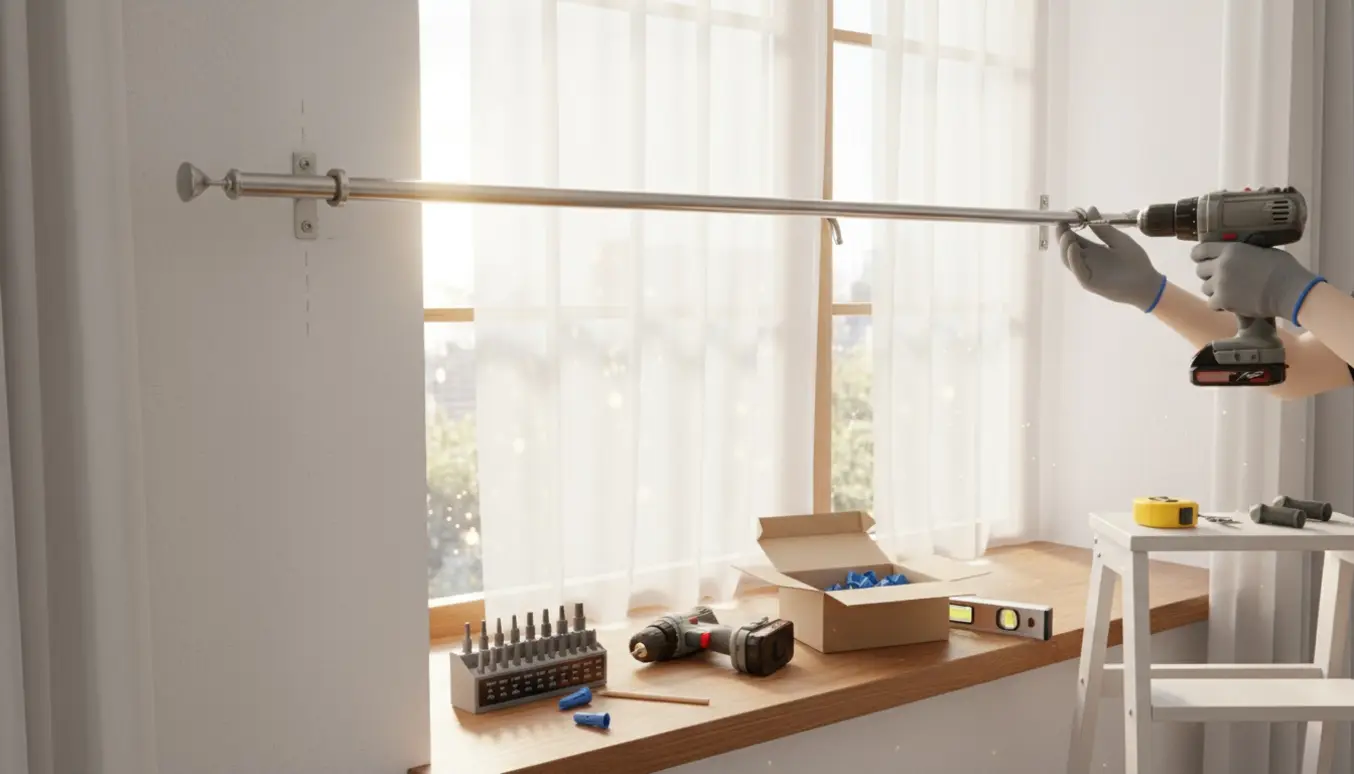 Halvmonteret gardinstang over et vindue med værktøj og blyantsmærker på væggen.