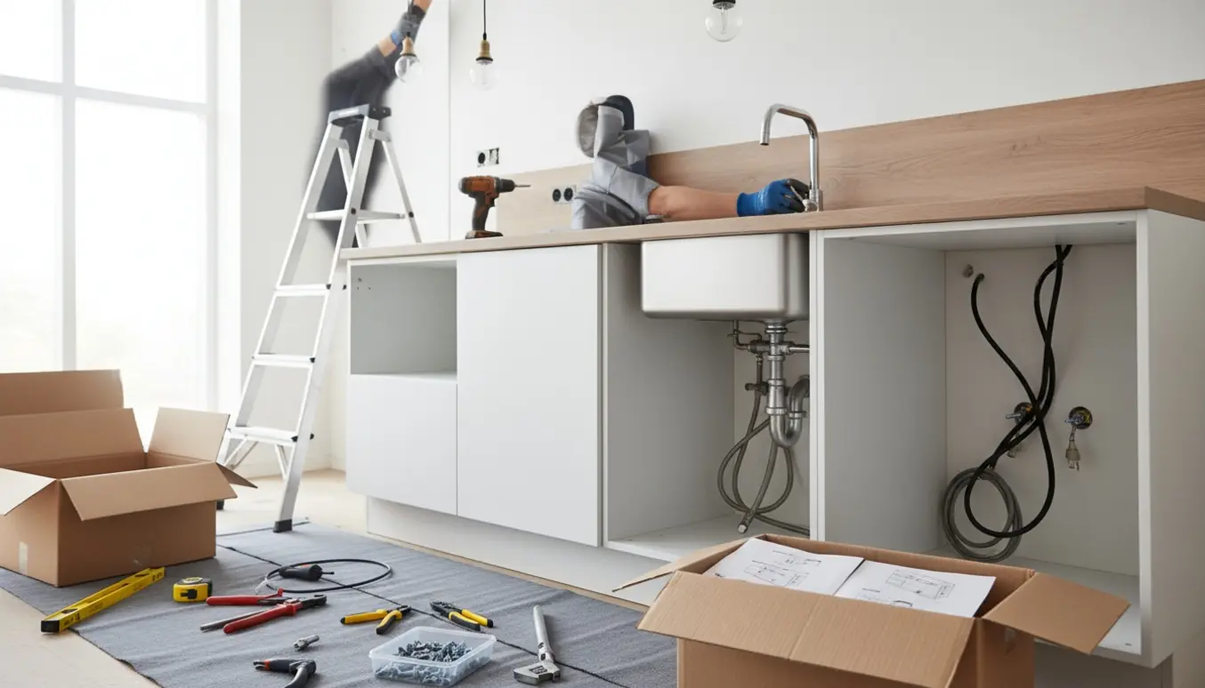 Delvist monteret skandinavisk køkken under renovering med skabsmoduler, værktøj samt VVS- og el-arbejde.