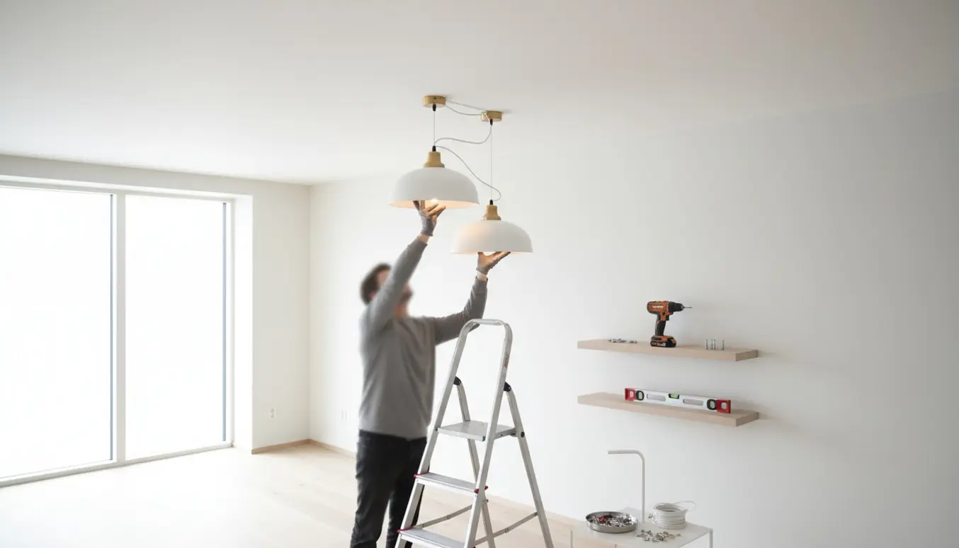 Montering af to loftlamper og to små svævehylder i et lyst skandinavisk rum med værktøj i forgrunden.