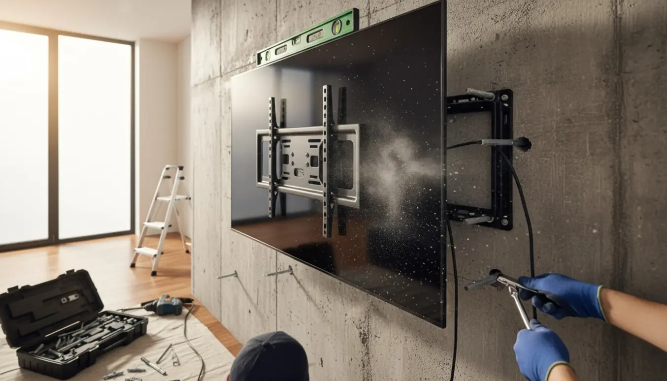 En tekniker monterer en 50-tommer fladskærm på en betonvæg og tilslutter kabler, kun hænder synlige.