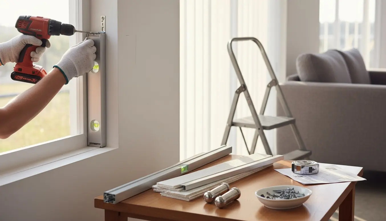 Nærbillede af hænder, der monterer lamelgardiner og en gardinstang over et vindue i et lyst, moderne rum.