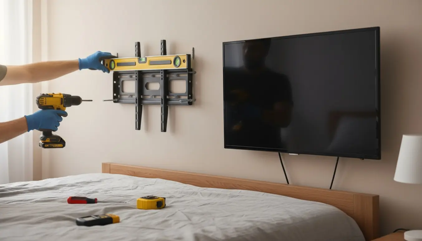 En tekniker hænger et 50 tommer fladskærms-TV op lidt over sengehøjde med beslag og værktøj.