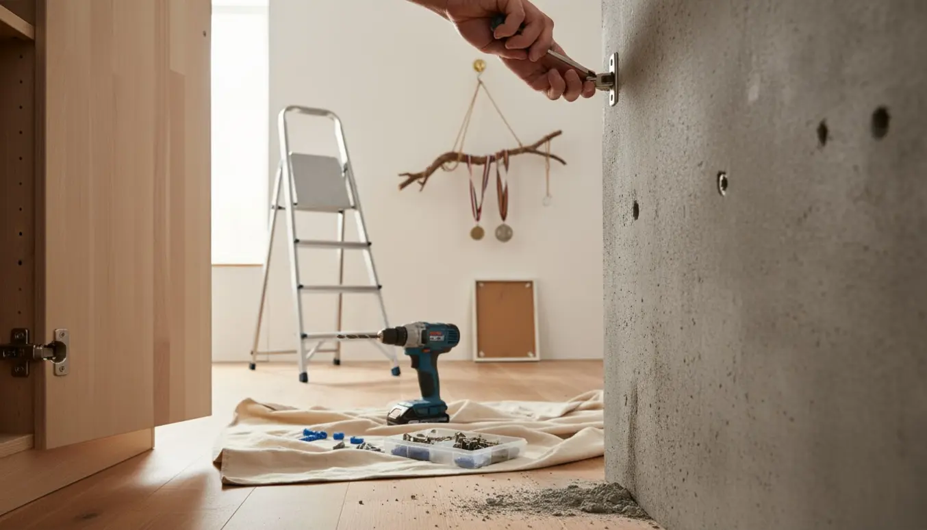 Hænder monterer et nyt hængsel på et IKEA-klædeskab, mens boremaskine og rawlplugs ligger klar til at lave huller i en betonvæg til billeder og medaljer.