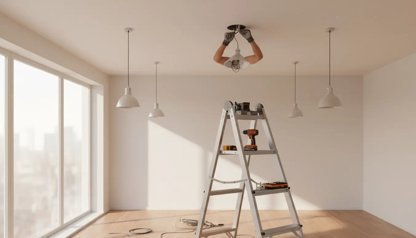 En person på en stige monterer tre loftslamper i et lyst værelse med værktøj og ledninger synlige.