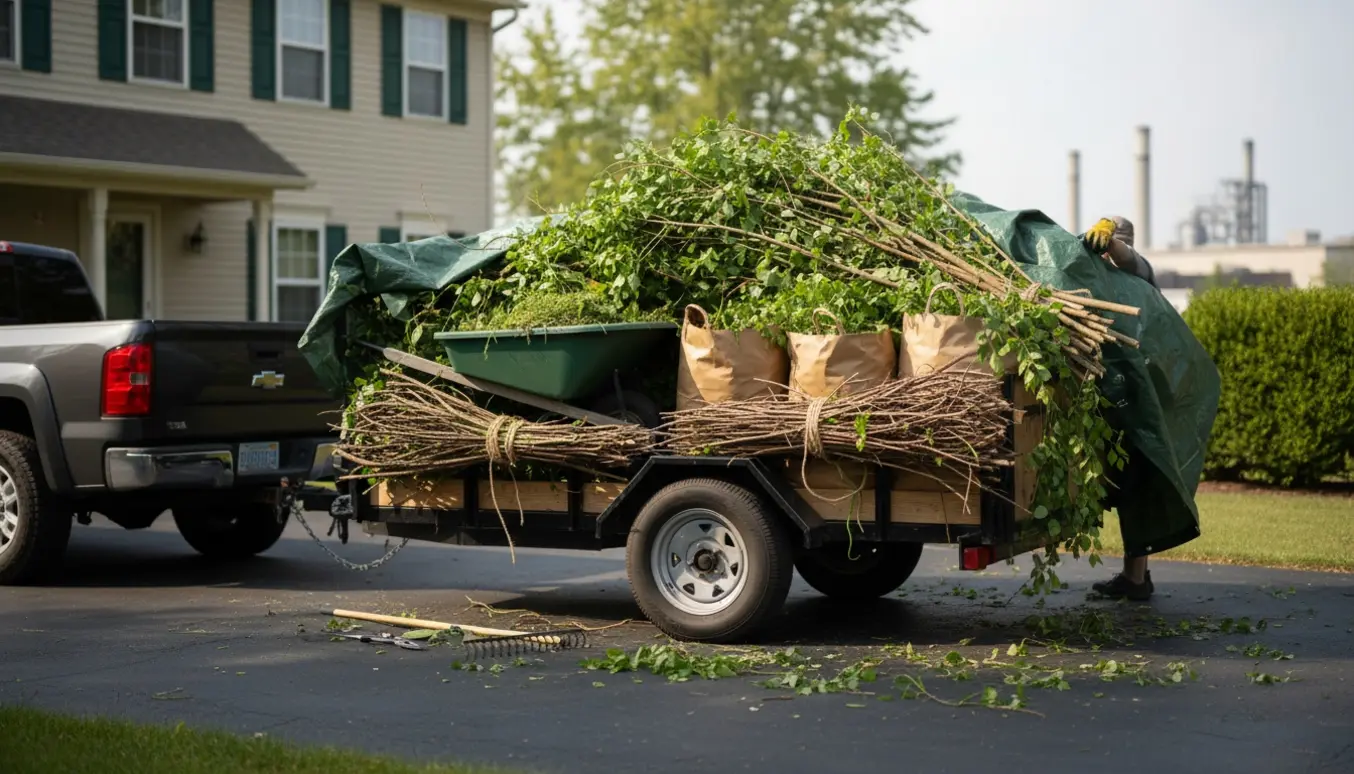 En trailer fyldt med haveaffald på indkørslen klar til at blive kørt på lossepladsen.