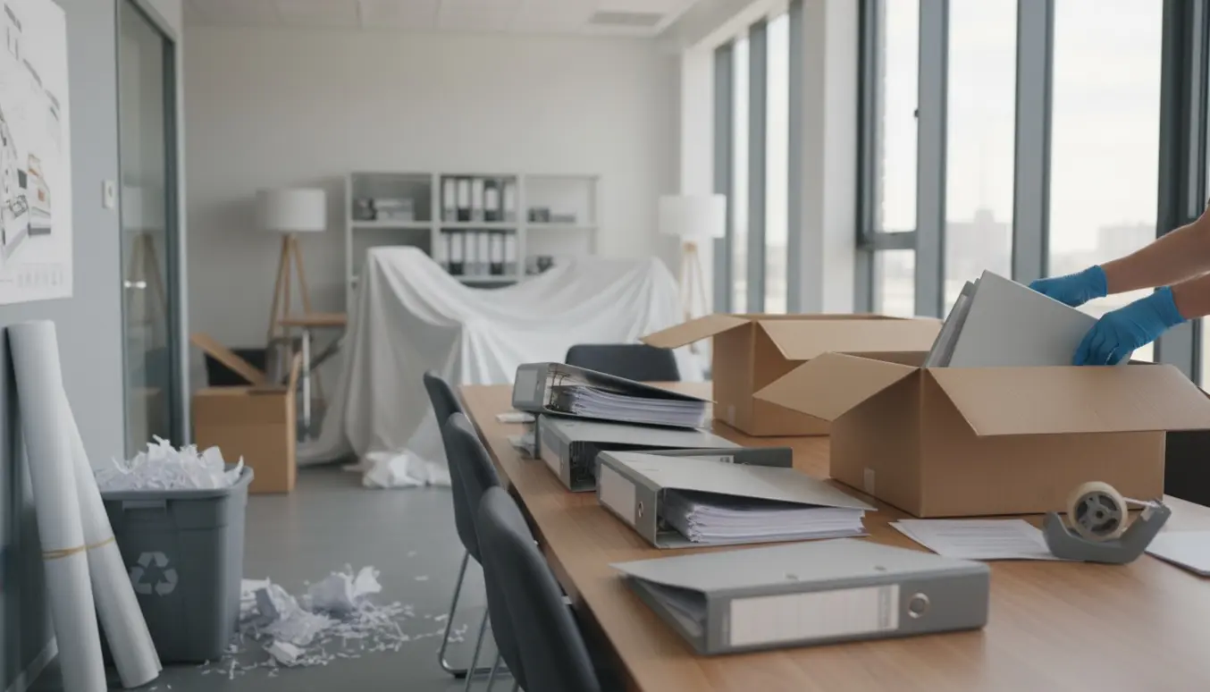 Stakke af ringbind og åbne flyttekasser i et lyst kontor, klar til bortskaffelse og pakning.
