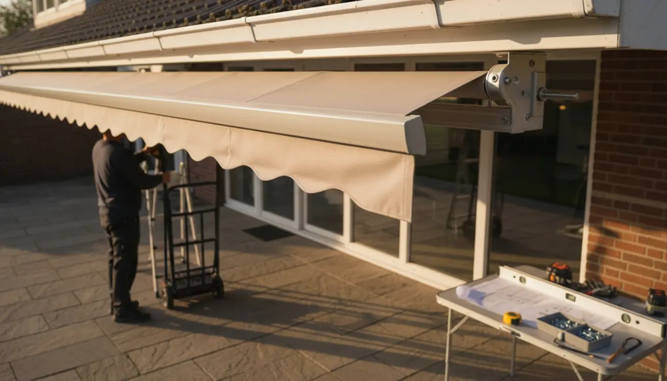 To personer monterer en stor markise under tagrenden over en terrasse med værktøj og en monteringsplan på et bord.