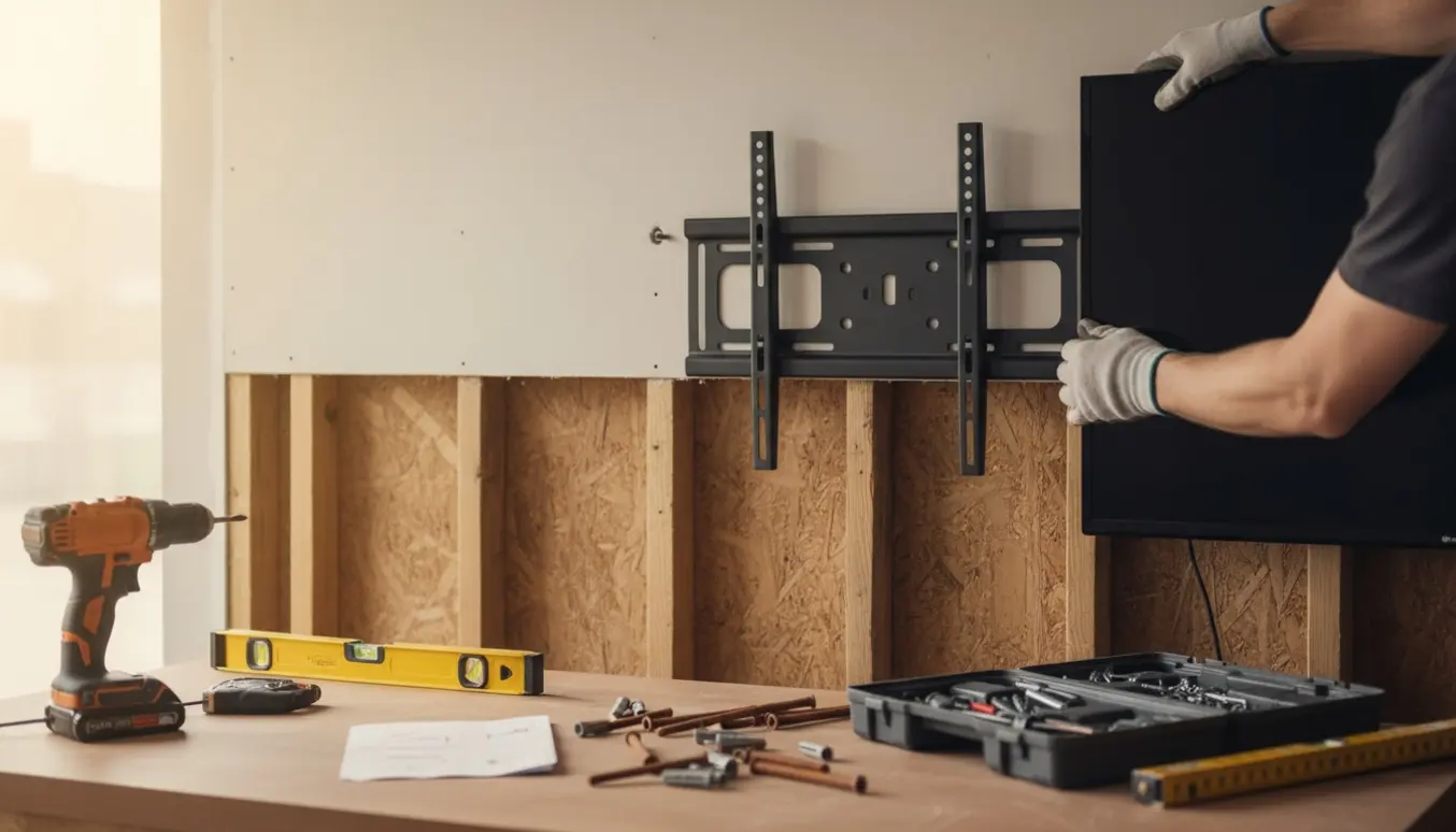 Hænder monterer et TV-beslag på en væg, der er delvist gips og delvist træ, med værktøj og rawlplugs i forgrunden.
