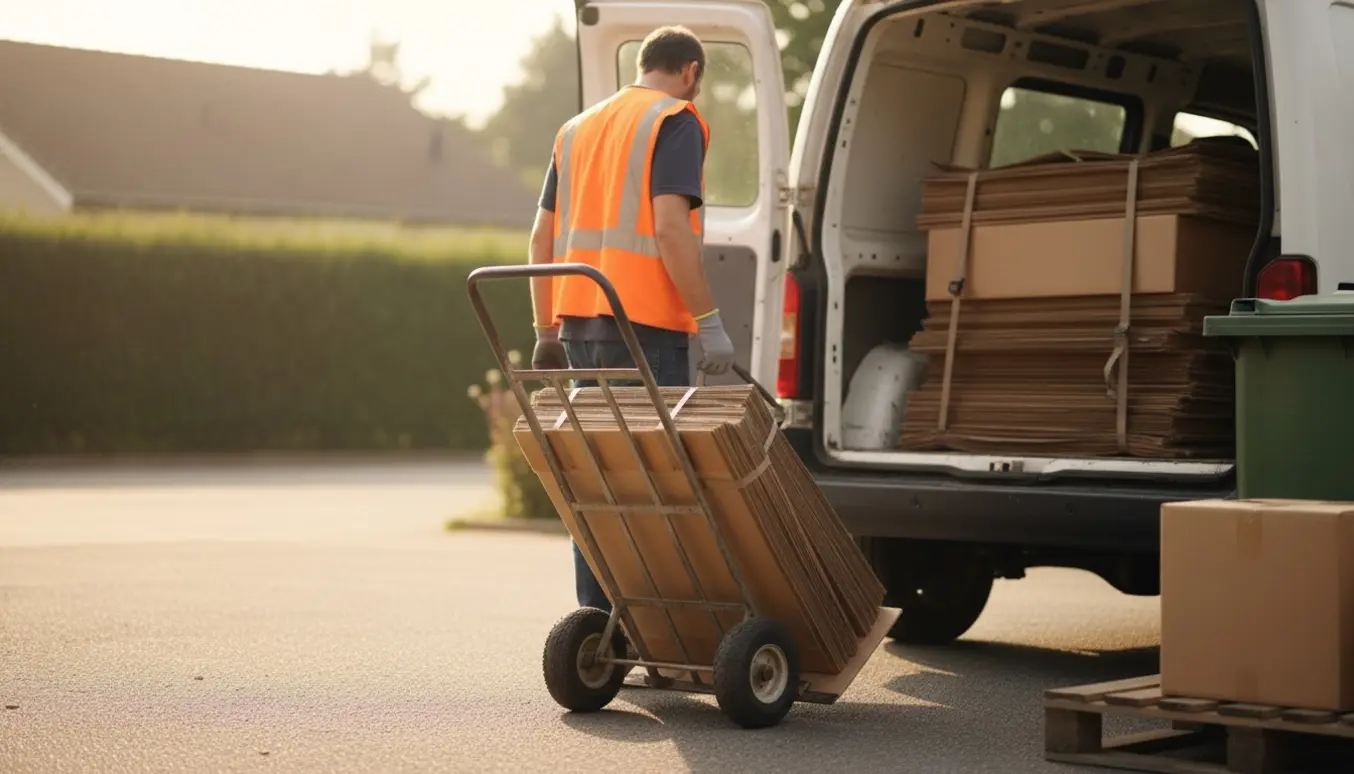 Person læsser sammenfoldede papkasser ind i en varevogn klar til afhentning.