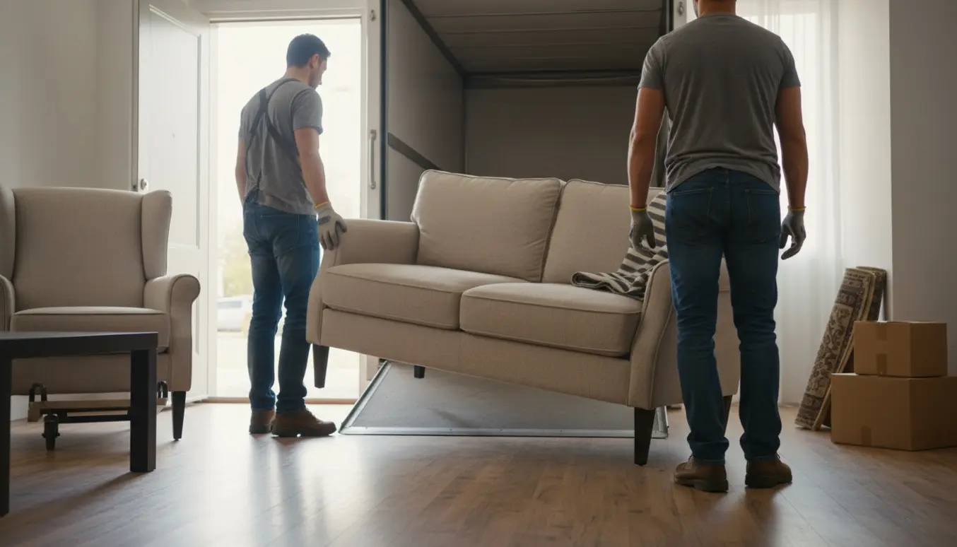 Flyttefolk bærer en lang sofa og en stol ud af en stue til en ventende flyttevogn.