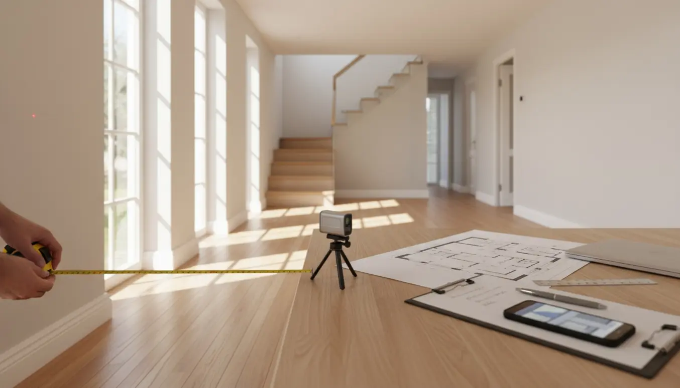 Interiørfoto af en villa i to plan, hvor måleværktøj bruges til opmåling af stueetagen.