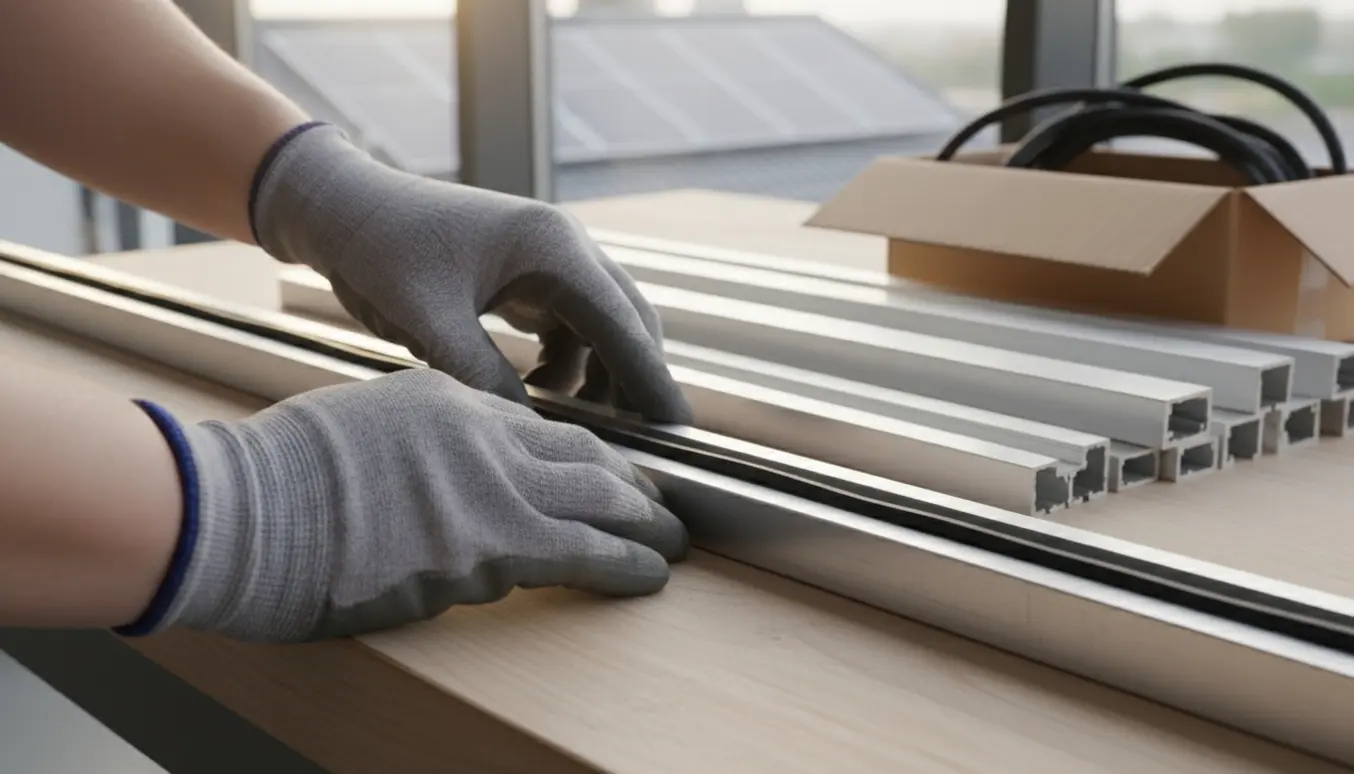 Nærbillede af hænder, der trækker en sort gummiliste på et sølvfarvet aluminiumsprofil med stak profiler og soltag i baggrunden.