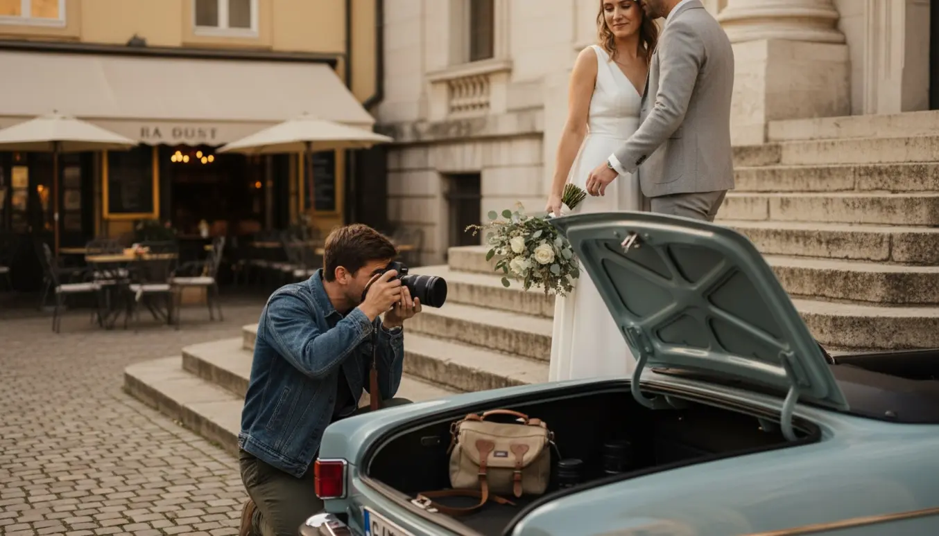 En uformel fotograf ved åben bil, der fotograferer et par ved rådhusets trapper med en café i baggrunden.