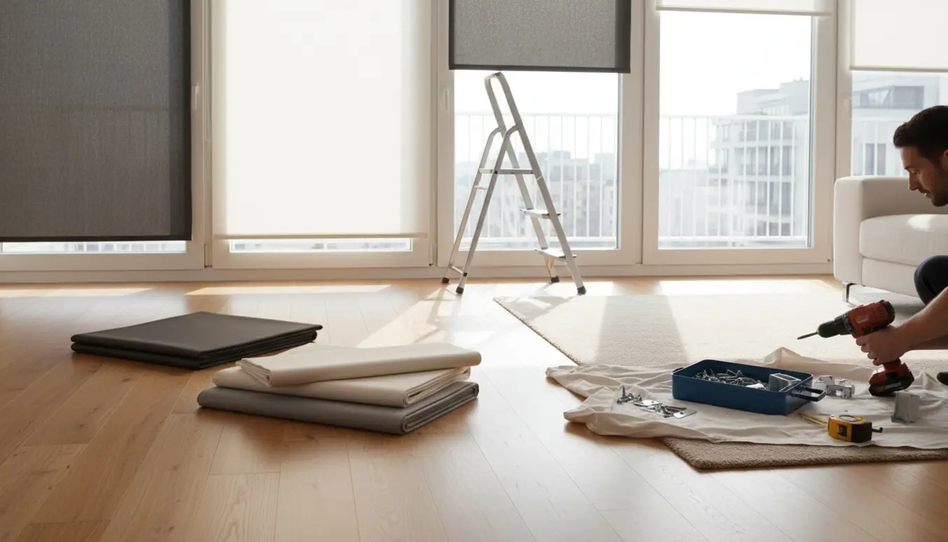 Hænder fjerner rullegardiner fra vinduer i en lys stue med værktøj og et mørklægningsgardin på gulvet.