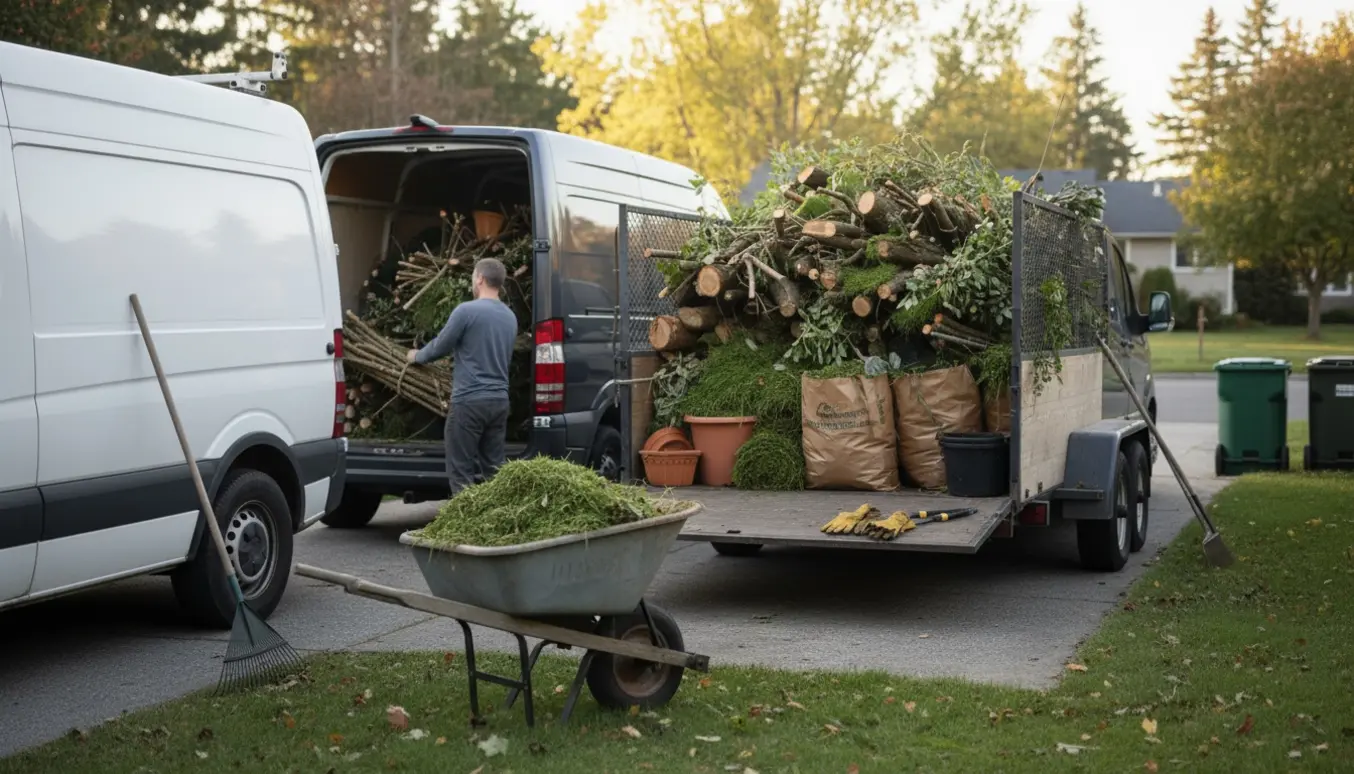 To varevogne og en trillebør fyldt med haveaffald klar til aflevering på genbrugspladsen.
