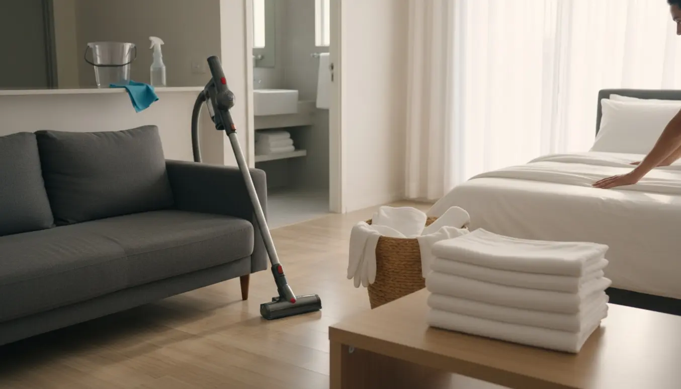 Friskvasket sengelinned og hænder, der redder en seng i en lys, ryddelig lejlighed klar til Airbnb-gæster.