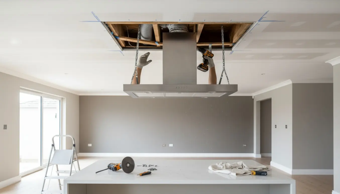 Ny emhætte monteres i et køkkenloft med synlige udskæringer og værktøj, hænder uden ansigter.